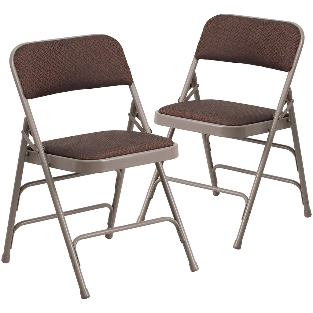 Curved Triple Braced Double Hinged Brown Patterned Fabric Metal Folding Chair O171