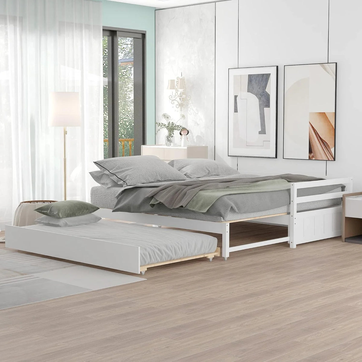 White Wood Extendable Daybed with Trundle H55016