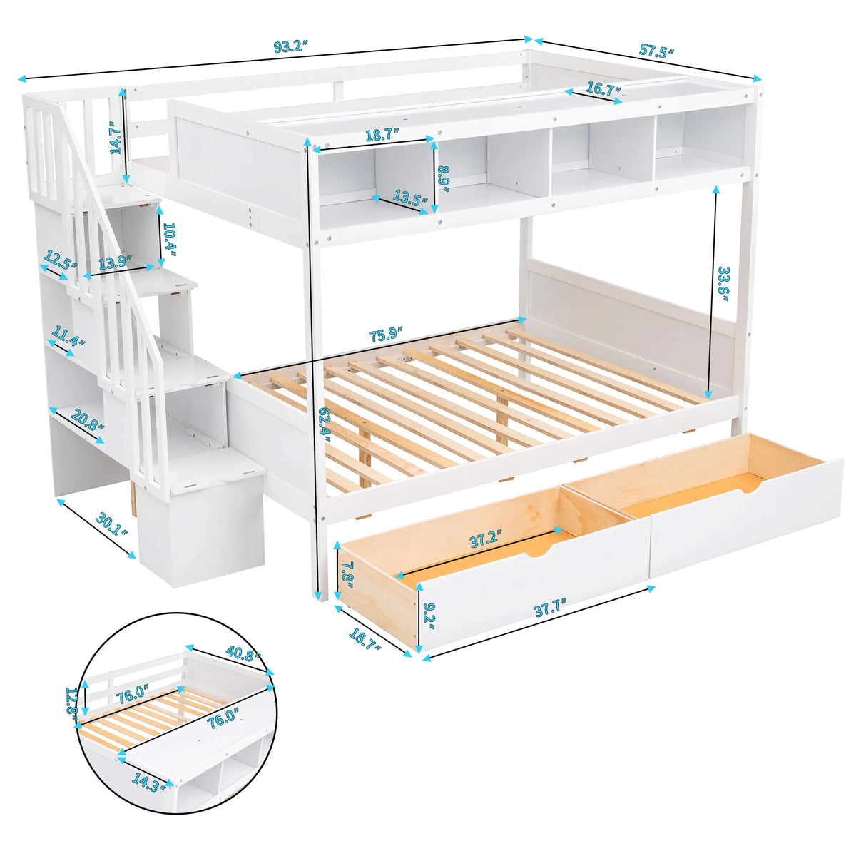 Solid Wood Twin Over Full Bunk Bed with Staircase and 2 Drawers X937