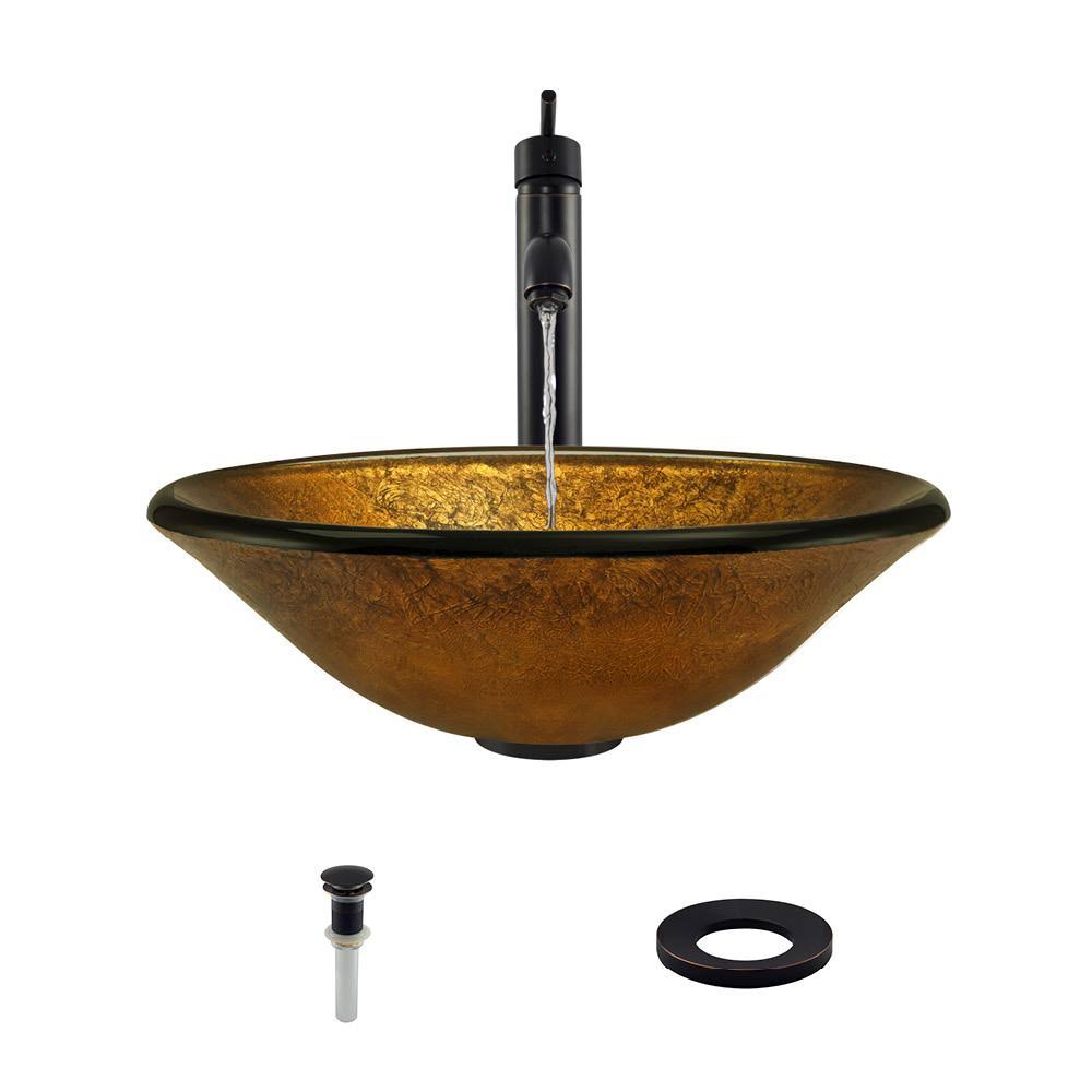Vessel Sink Ensemble with Antique Bronze Finish Faucet, Pop-Up Drain, and Sink Ring V54834