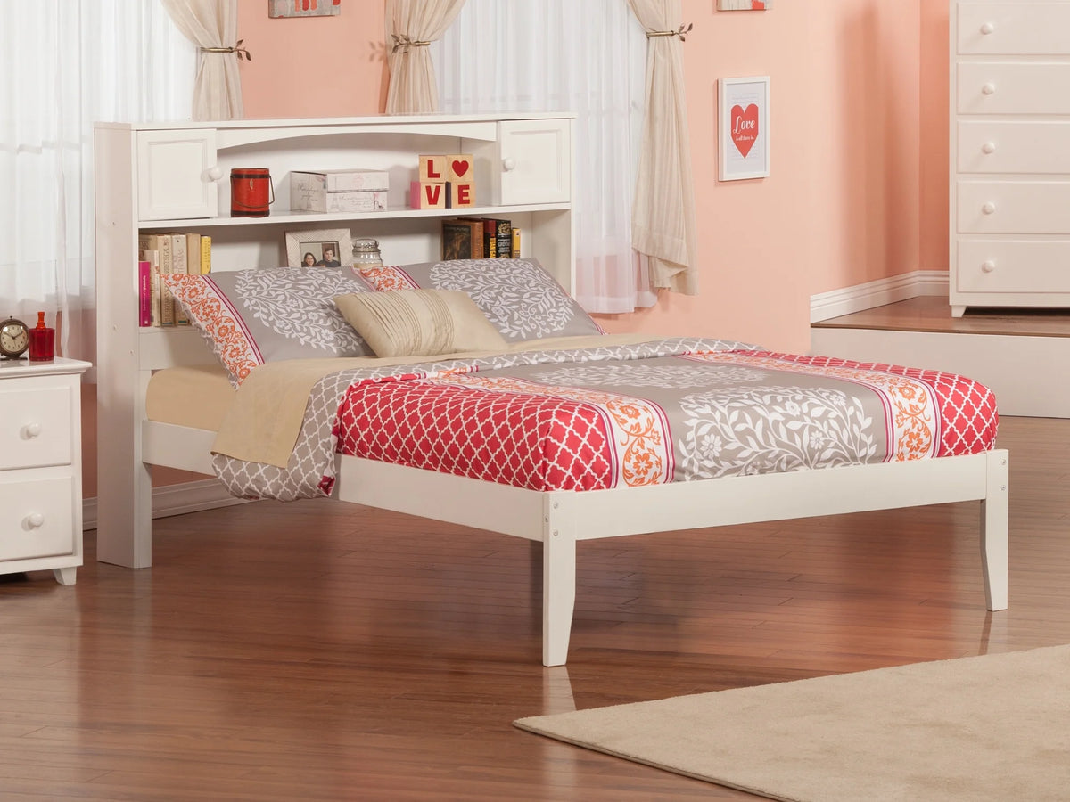White Solid Wood Platform Bed with Storage Headboard G3245