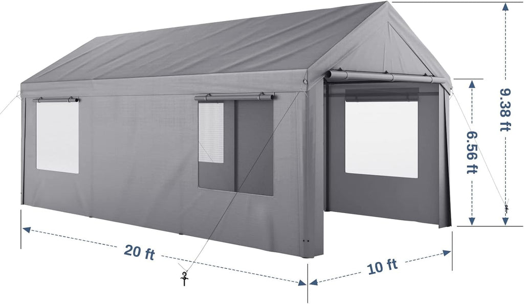 Enclosed Car Canopy 10x20*9.38ft with 4 Windows, 180g PE Cover, Detachable Walls & Doors I932