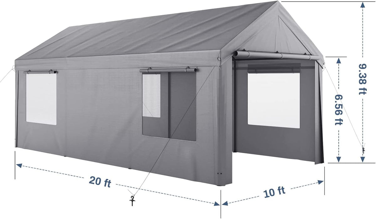 Enclosed Car Canopy 10x20*9.38ft with 4 Windows, 180g PE Cover, Detachable Walls & Doors I932