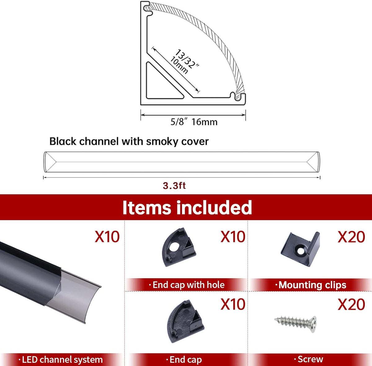 Black LED Channel System with Crystal Smoky Clear Cover Lens, Aluminum Extrusion Profile Strip Tape Lights V-Shape R2360