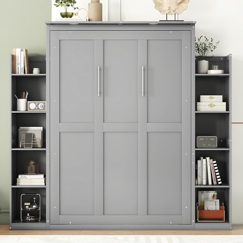 Grey Full Size Wood Murphy Bed with Storage Shelves and LED Lights X3433