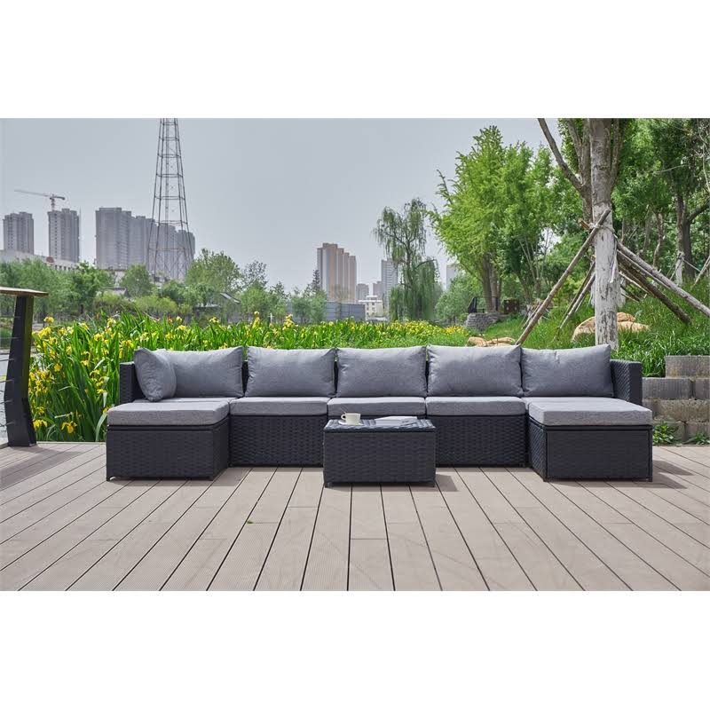 Grey Wicker/Rattan Sectional with Storage Ottoman H1818