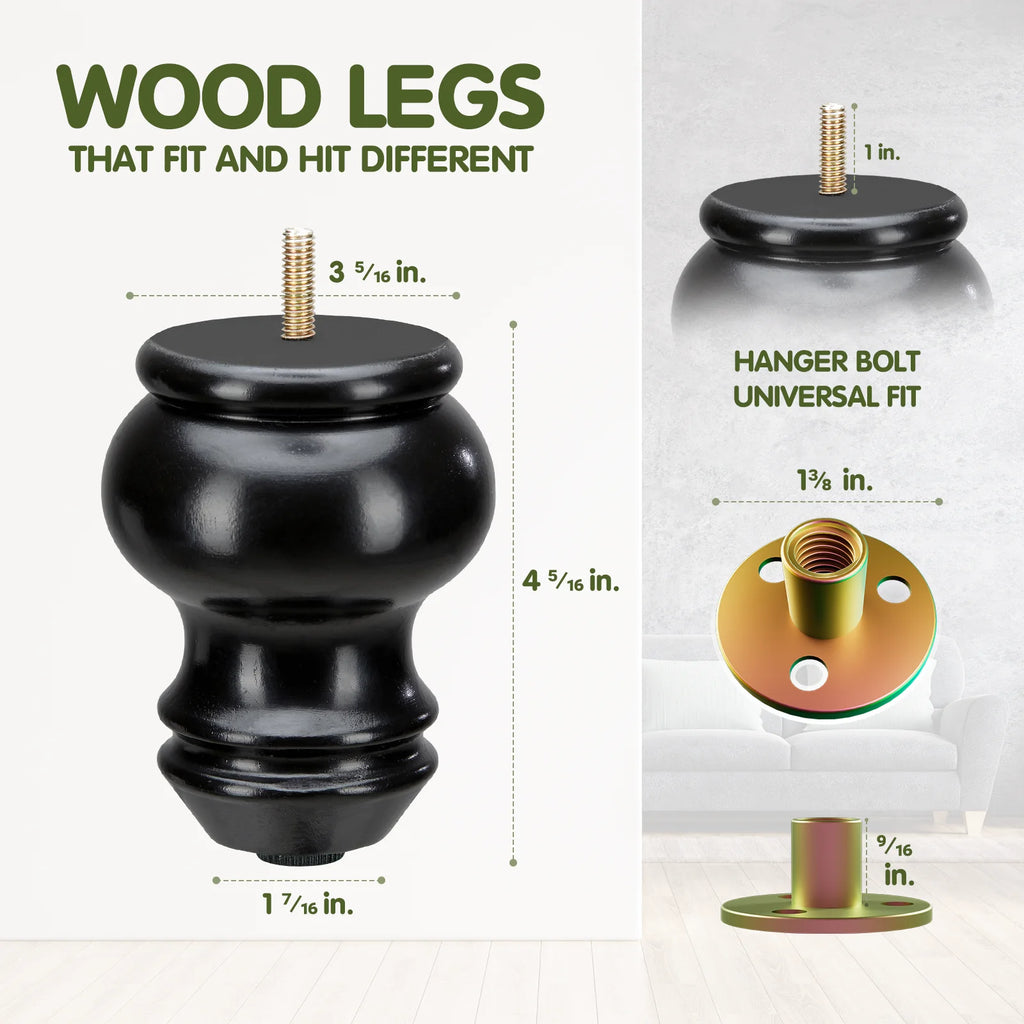 4 Inches Turned Concave Solid Wood Furniture Legs with Adjustable Leveler V5487