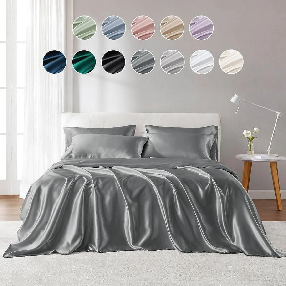 6 Piece Satin Sheet Set with Flat Sheet, Fitted Sheet, 4 Pillowcases Q696