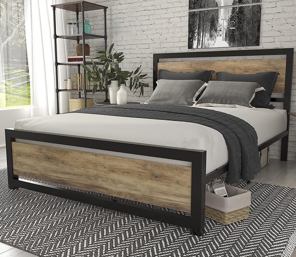 Brown Queen Size Metal Platform Bed Frame with Wooden Headboard U58902
