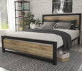 Brown Queen Size Metal Platform Bed Frame with Wooden Headboard U58902