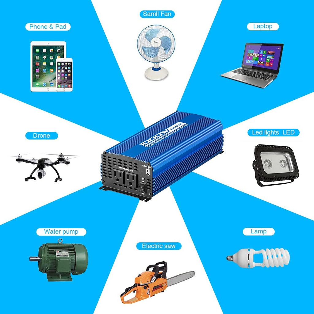 1000W Pure Sine Wave Inverter 12V to 110V with AC Outlets & USB Ports F9294