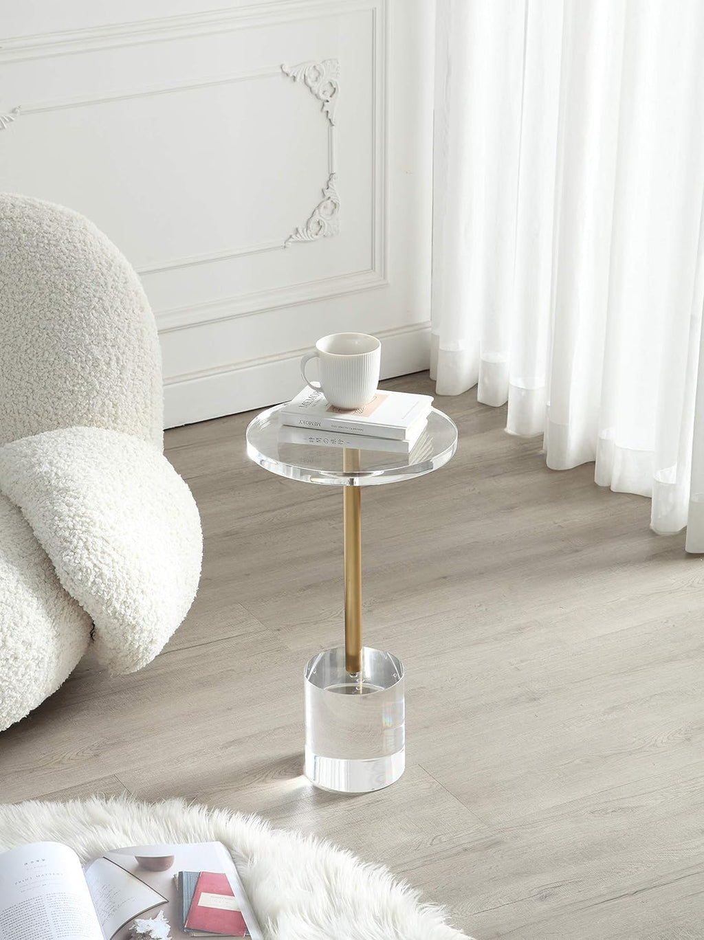 Clear Acrylic Round End Table with Brushed Brass Metal P411774