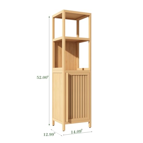 Tall Bamboo Bathroom Storage Cabinet with Door and 2 Tier Shelves V718