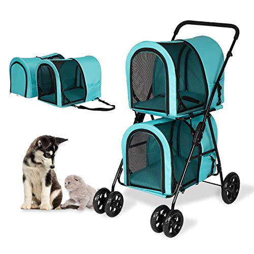 Grey Double Pet Stroller with 4 Wheels and 2 Detachable Carrier Cages S2464