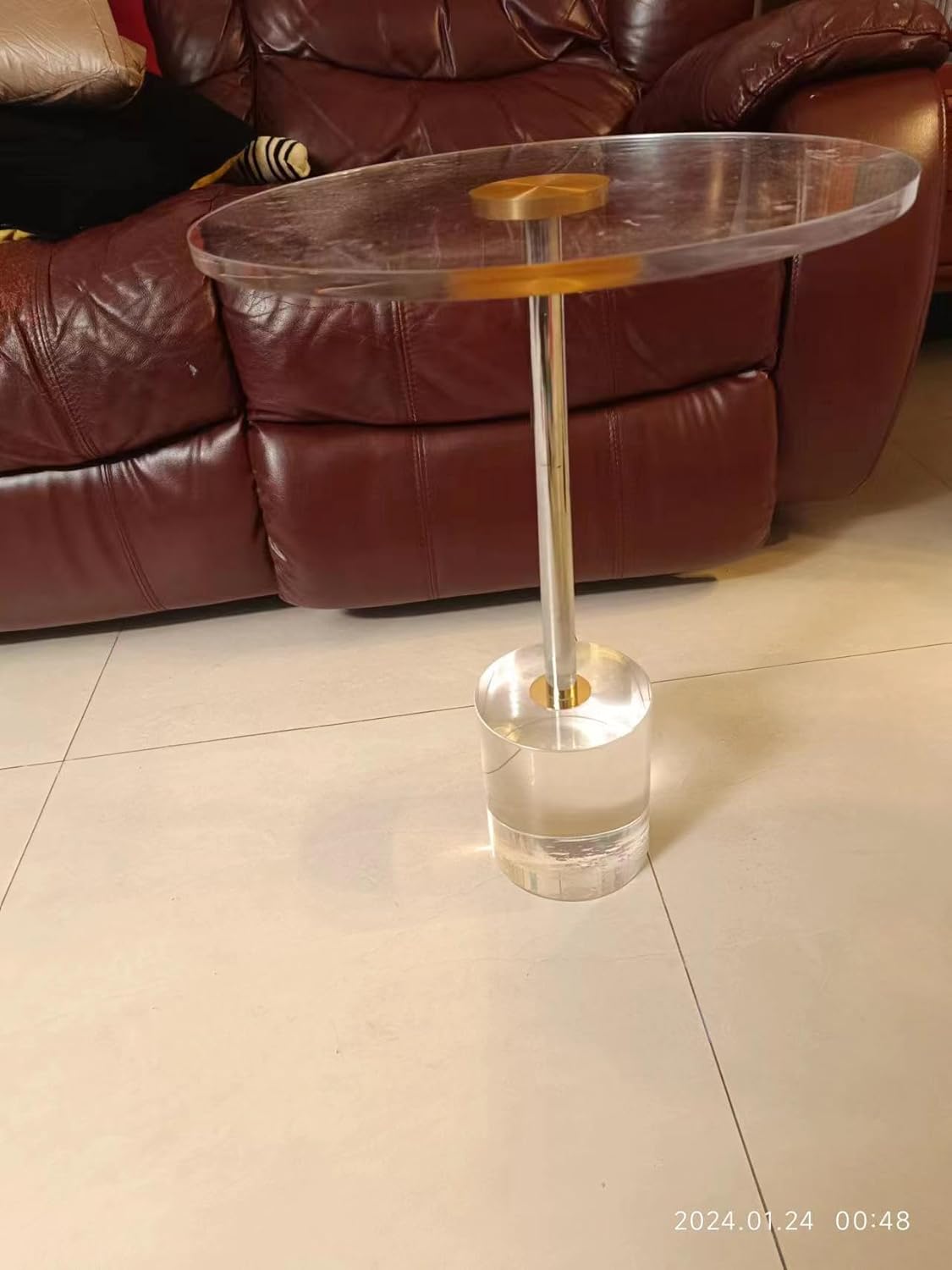 Clear Acrylic Round End Table with Brushed Brass Metal P411774