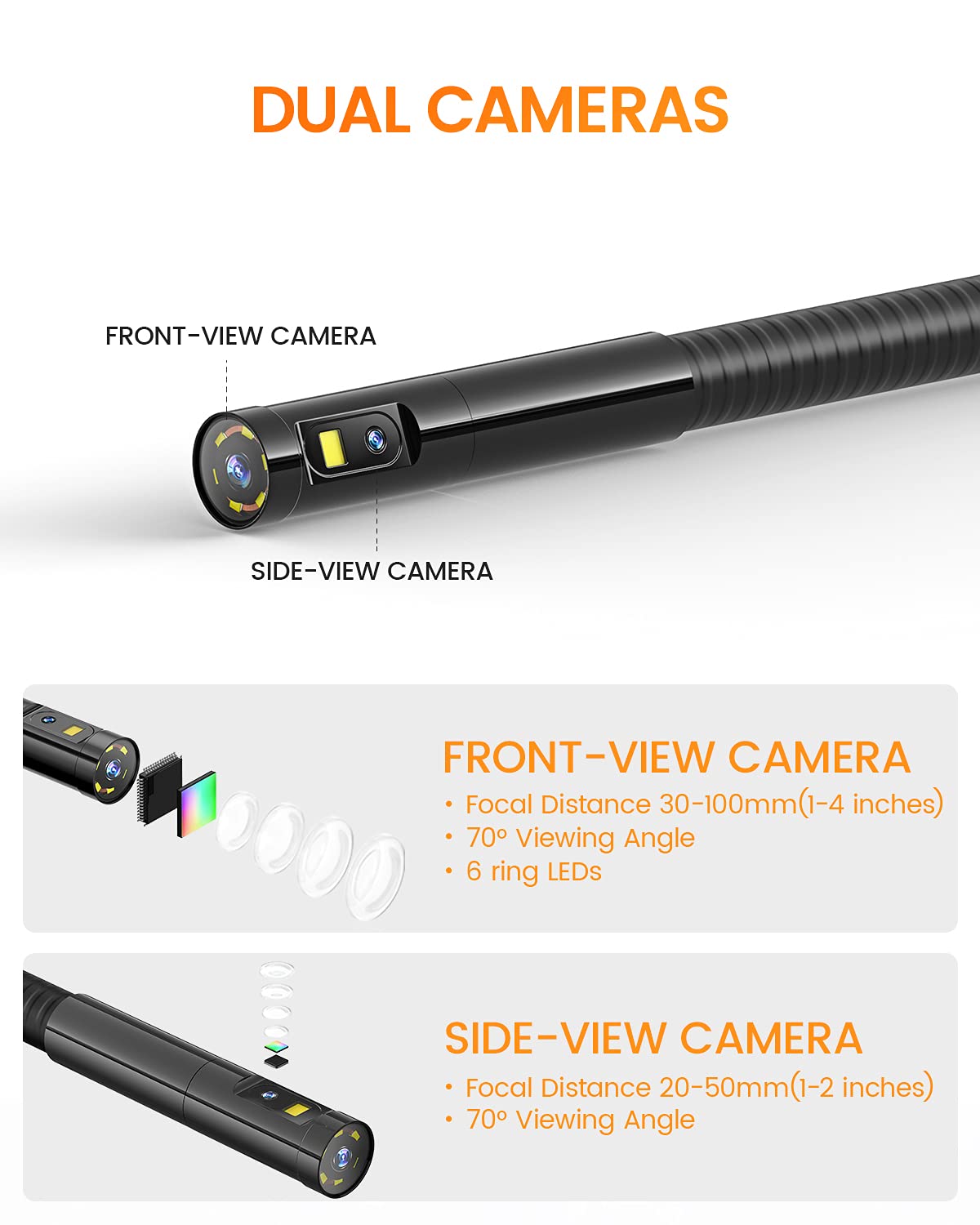 Dual Lens Inspection Camera with Light, 5 IPS Screen, 16.4ft Flexible Probe, 1080p P562