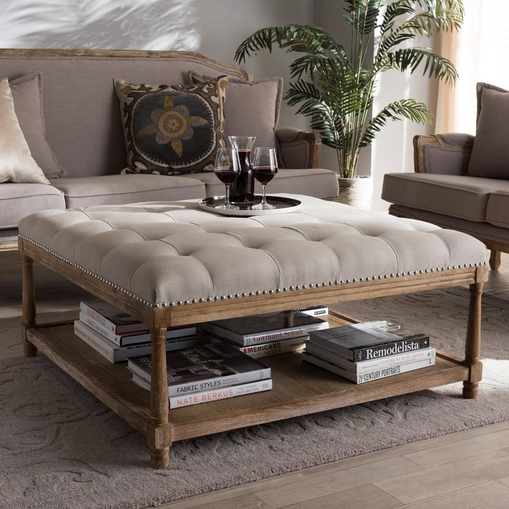 Beige Linen Rectangular Coffee Table Ottoman T8560