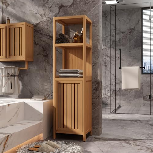 Tall Bamboo Bathroom Storage Cabinet with Door and 2 Tier Shelves V718