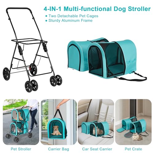 Grey Double Pet Stroller with 4 Wheels and 2 Detachable Carrier Cages S2464