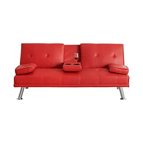 Faux Leather Convertible Folding Futon Sofa Bed Loveseat with Removable Armrests C594
