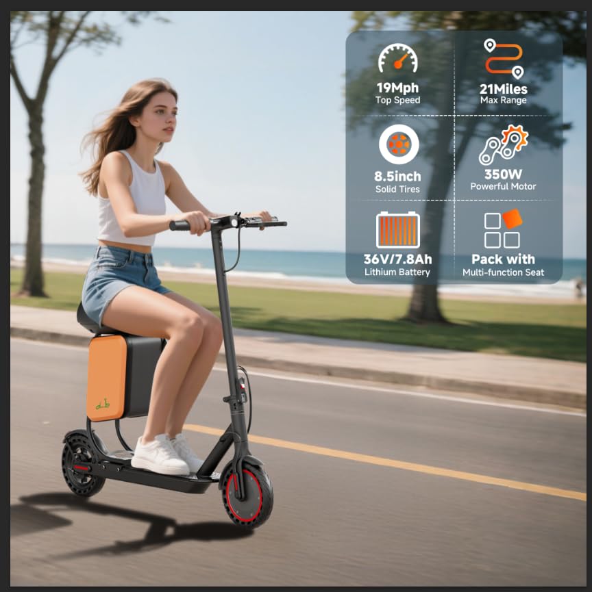 Electric Scooter with Seat, 19MPH, 21-Mile Range, 350W Motor, 8.5" Solid Tires, Dual Brake System, Folding E-Scooter K6793