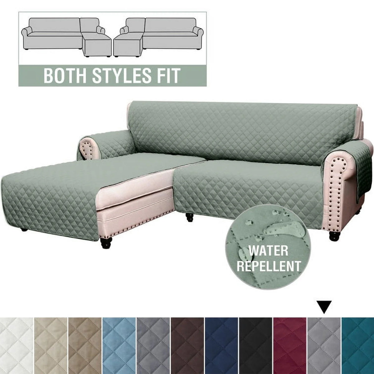 Light Green Reversible Waterproof L-Shaped Sofa Slipcover R885069