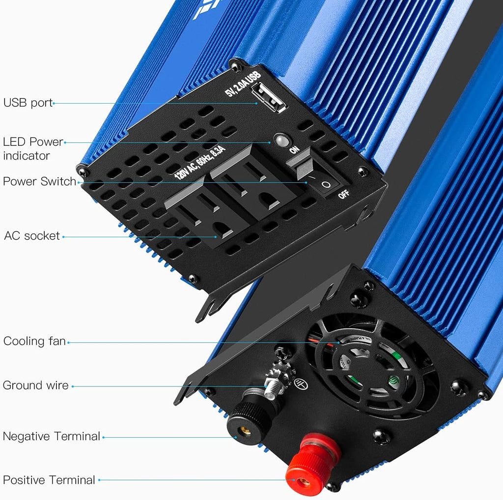 1000W Pure Sine Wave Inverter 12V to 110V with AC Outlets & USB Ports F9294