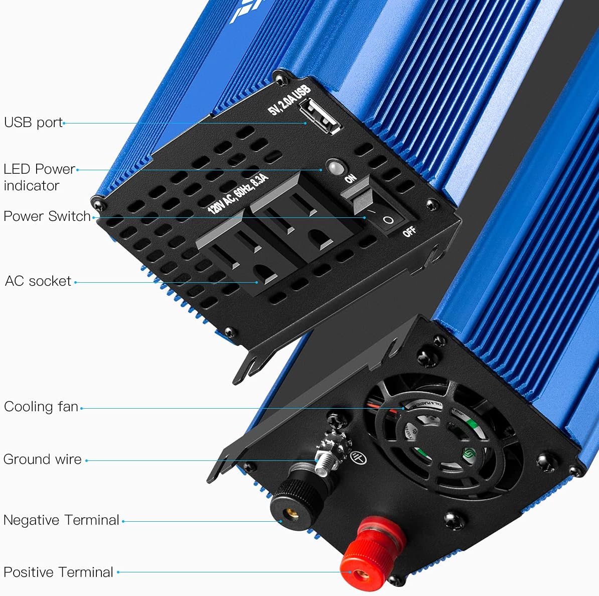 1000W Pure Sine Wave Inverter 12V to 110V with AC Outlets & USB Ports F9294