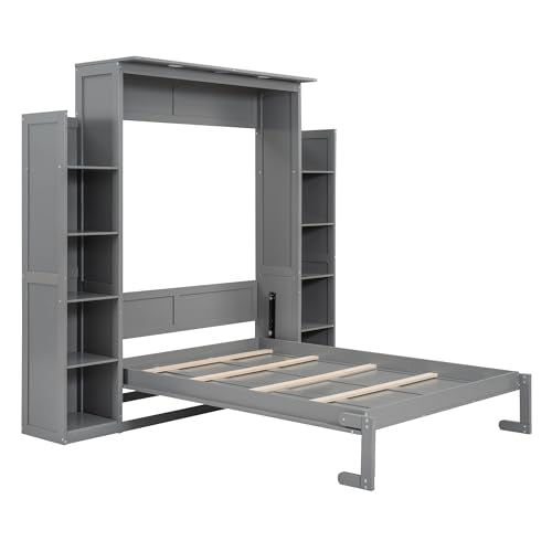 Grey Full Size Wood Murphy Bed with Storage Shelves and LED Lights X3433