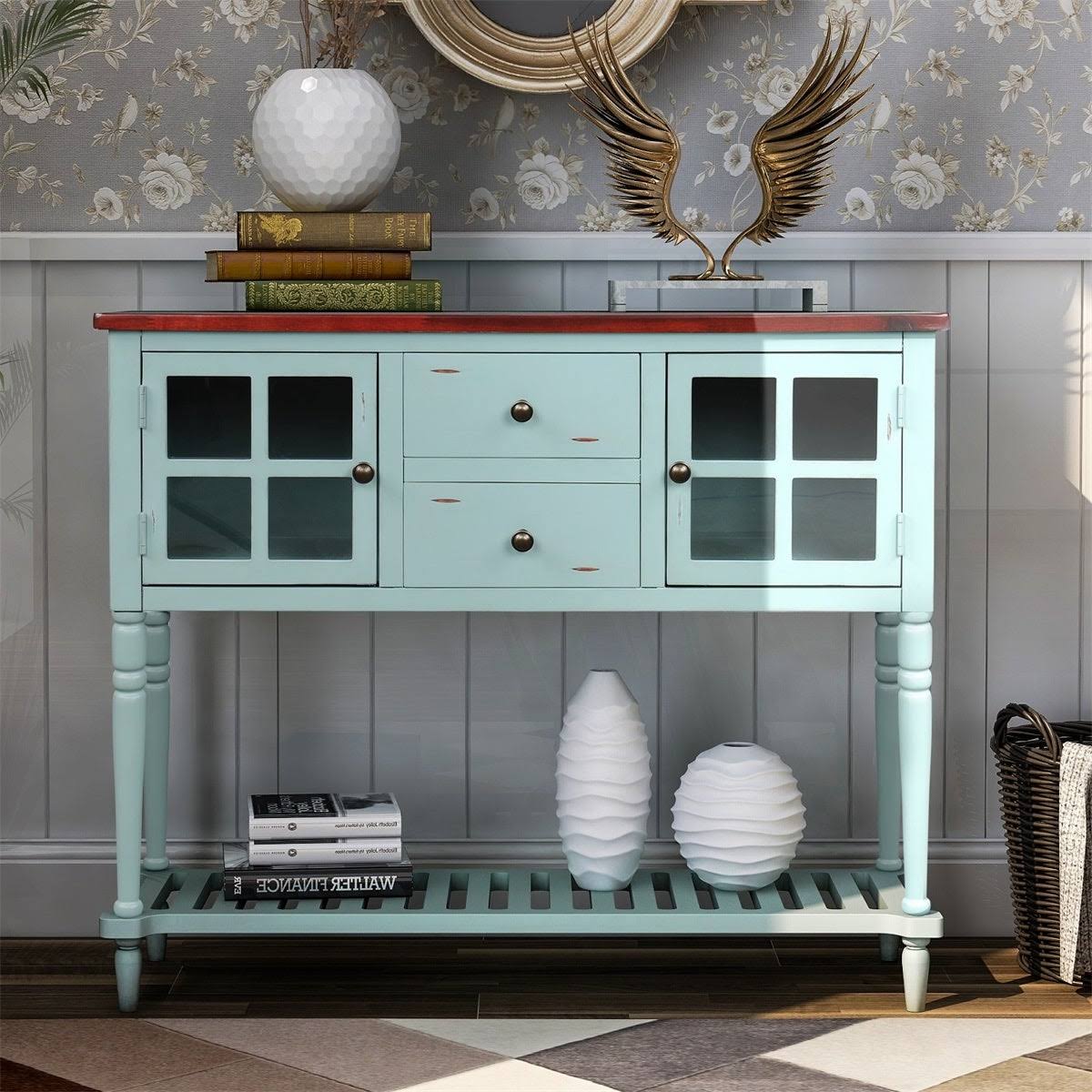 White Farmhouse Console Table with Glass Storage Cabinet L84294