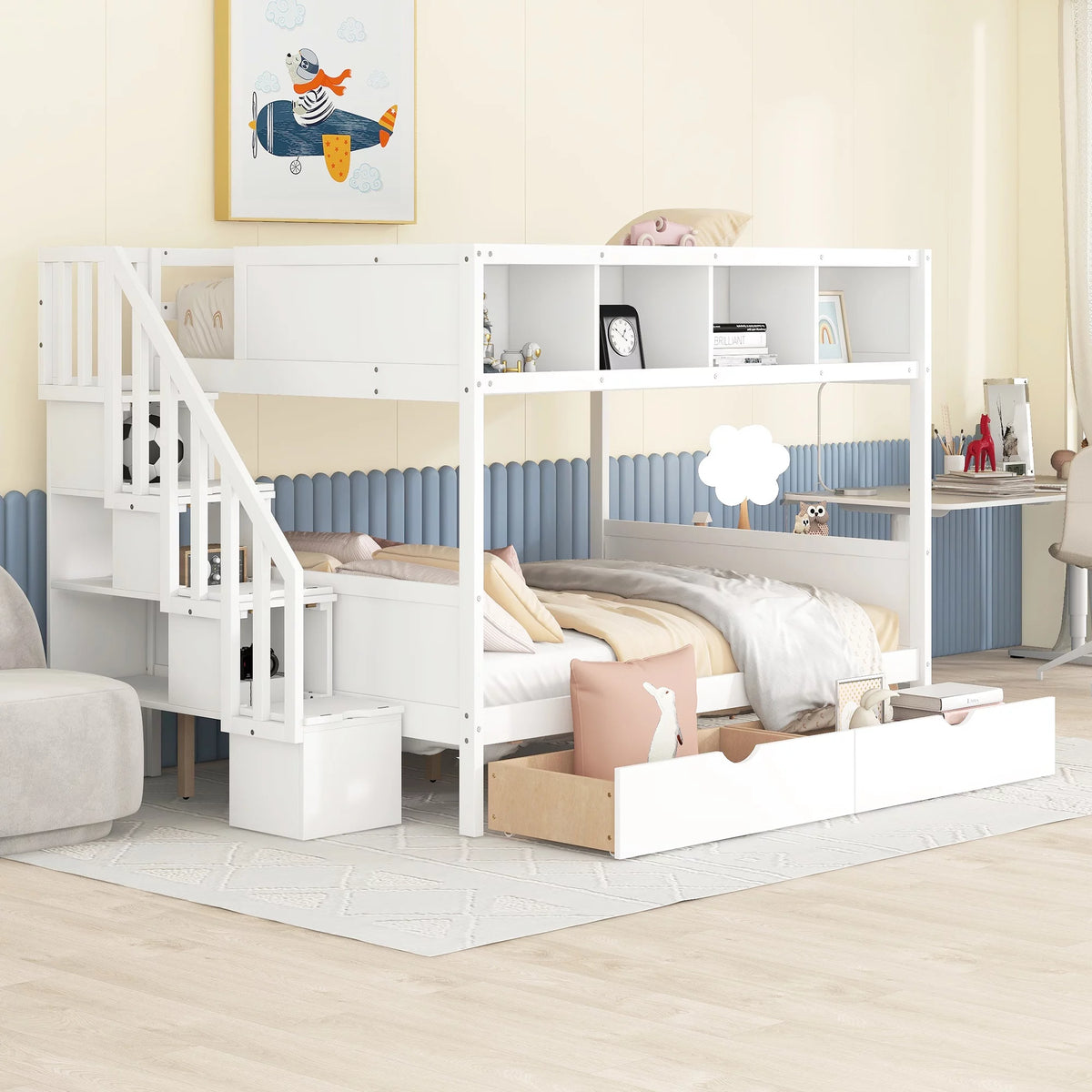 Solid Wood Twin Over Full Bunk Bed with Staircase and 2 Drawers X937