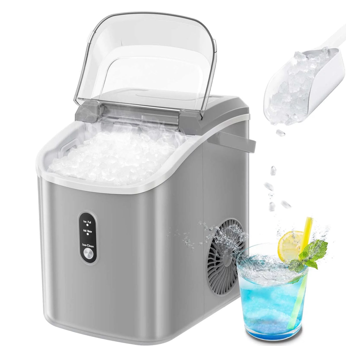 Nugget Ice Maker Countertop 33lbs/24H Self-Cleaning Portable Ice Machine Gray N350