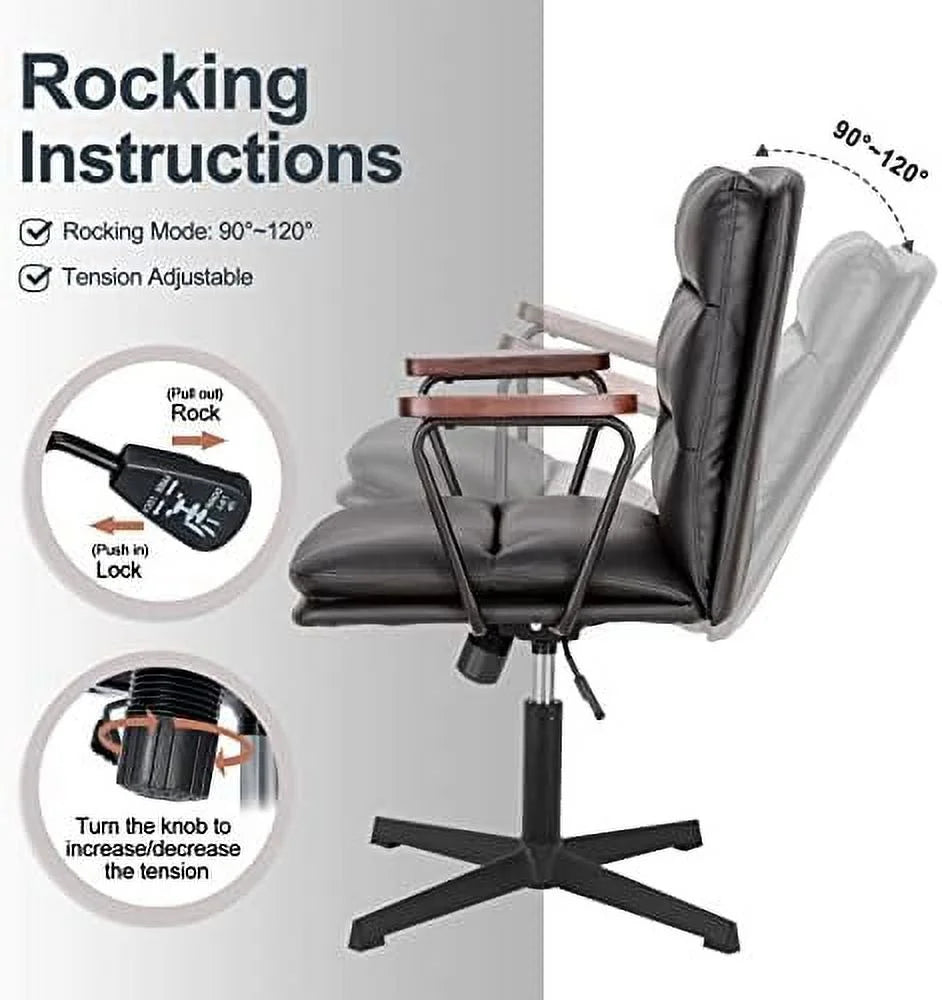 Black PU Padded Criss Cross Office Desk Chair with Wooden Armrests W296240