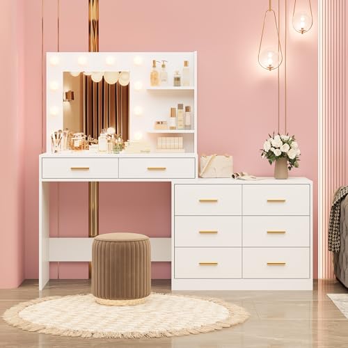 Black Vanity Desk with Mirror and Lights, 8 Storage Drawers W318