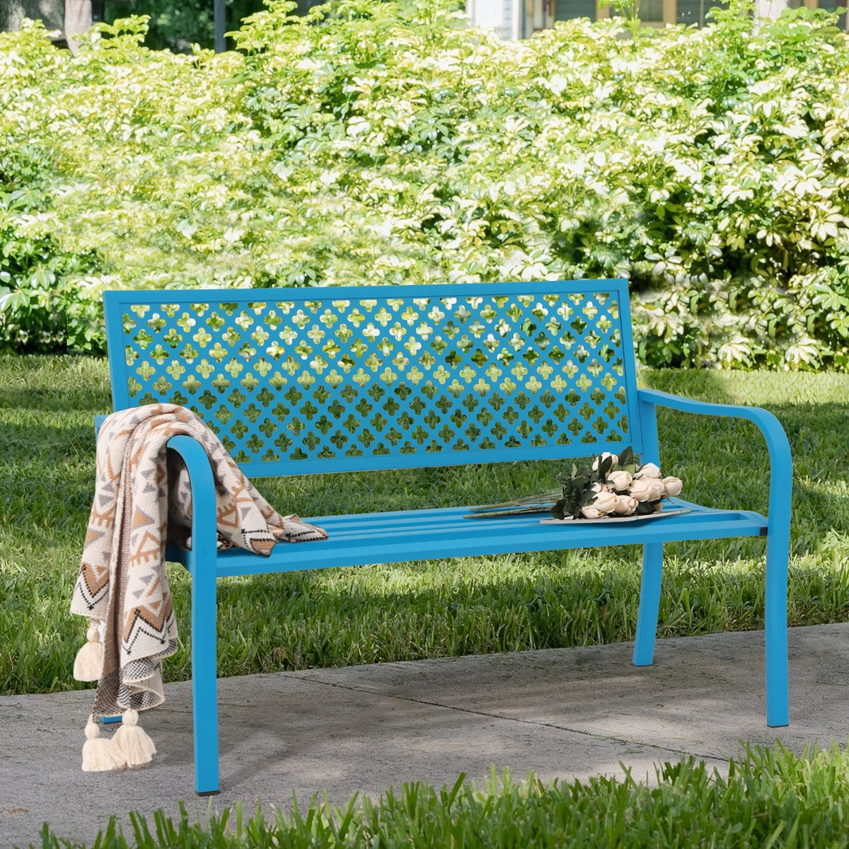 Blue 50in Metal Outdoor Garden Bench with Armrest Z78891