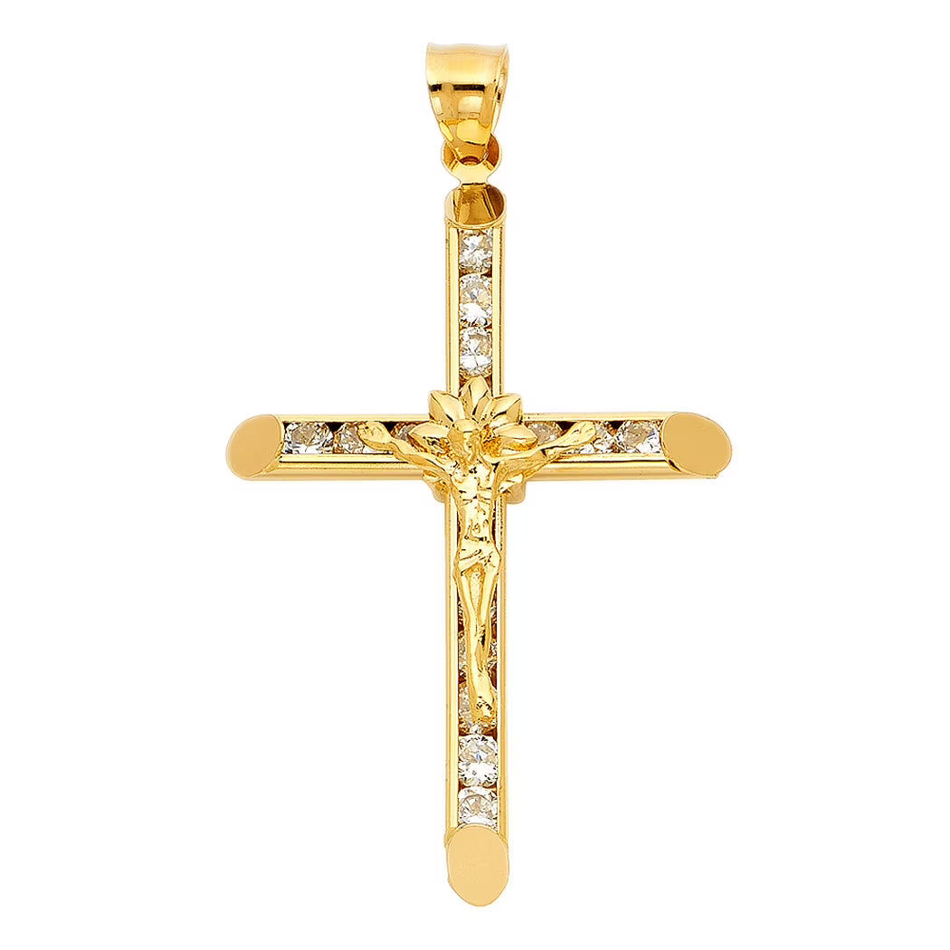 14k Yellow Gold CZ Crucifix Pendant Necklace 33x42mm G48349