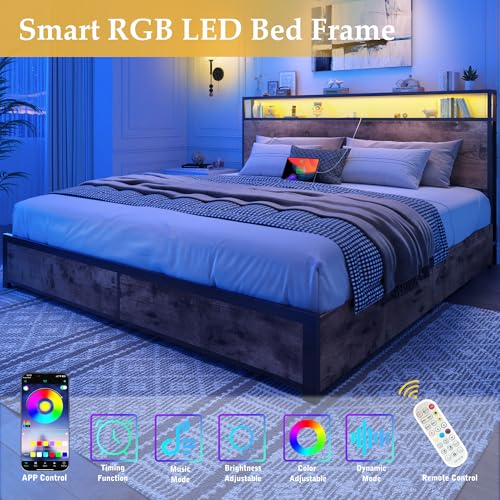 Queen Metal Platform Bed Frame with Storage Headboard and 4 Drawers G537461