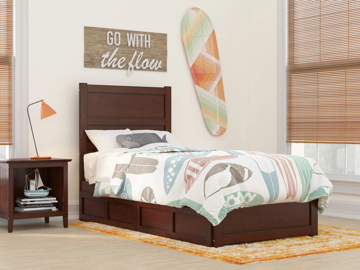 Twin Wood Platform Bed with Headboard Footboard & 2 Storage Drawers, Walnut Q7258