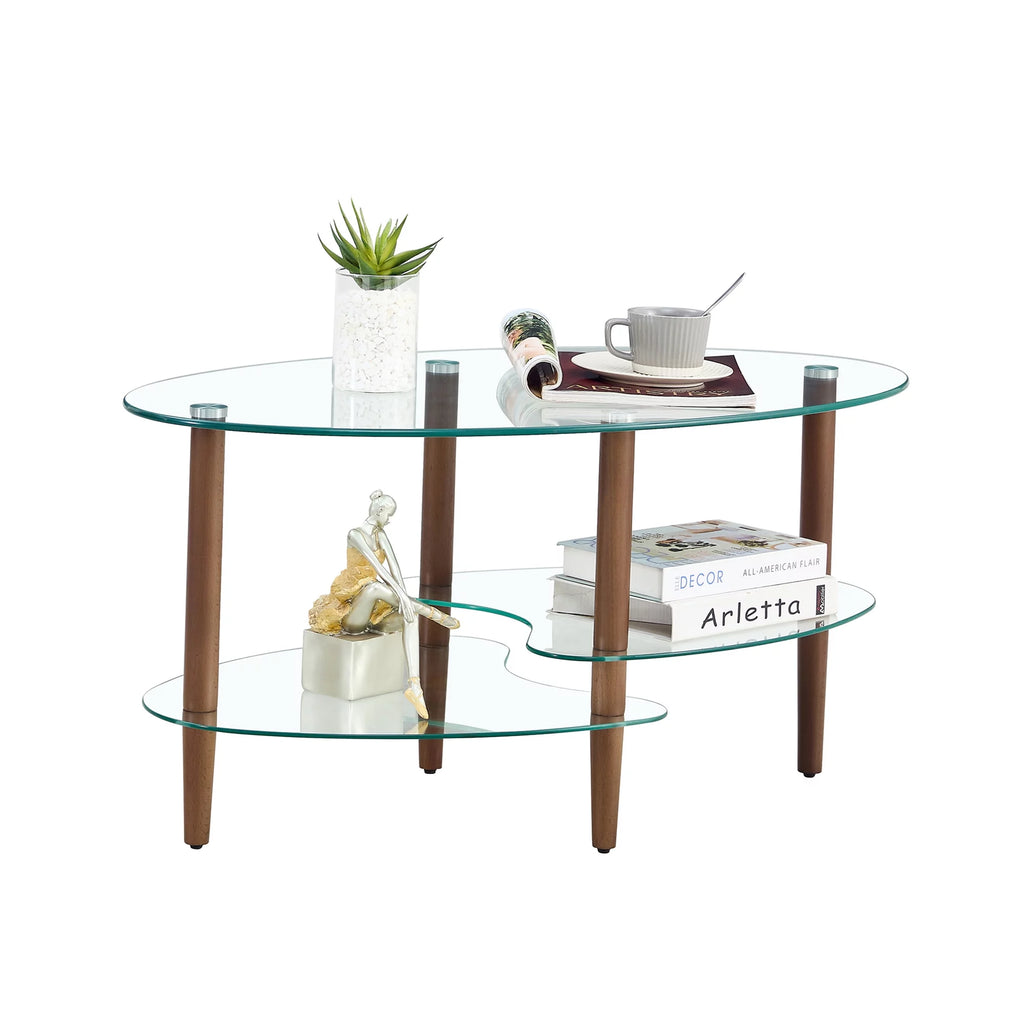 Oval Glass Coffee Table with Oak Wood Legs O534138