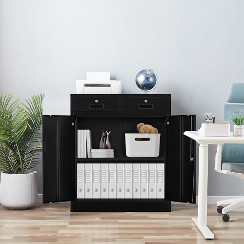 Black Metal Storage Cabinet with Adjustable Shelf and 2 Drawers C1840