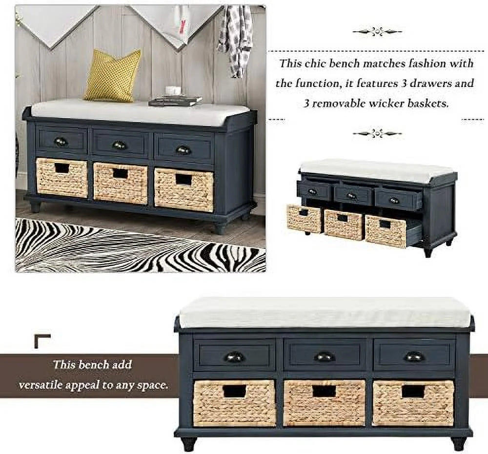 Rustic Bench with 3 Drawers and 3 Rattan Baskets Shoe Bench with Removable Cushion (White) L90439