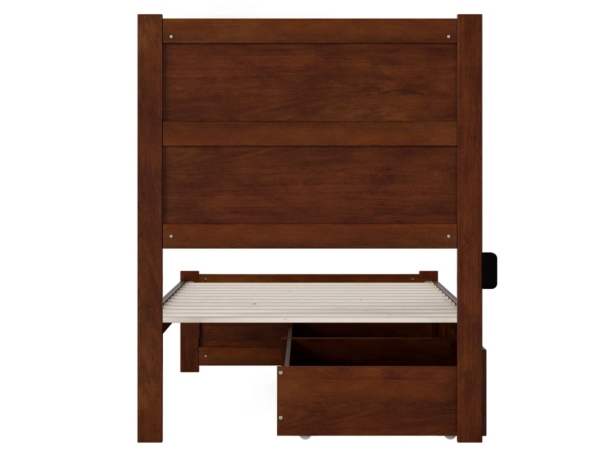 Twin Wood Platform Bed with Headboard Footboard & 2 Storage Drawers, Walnut Q7258