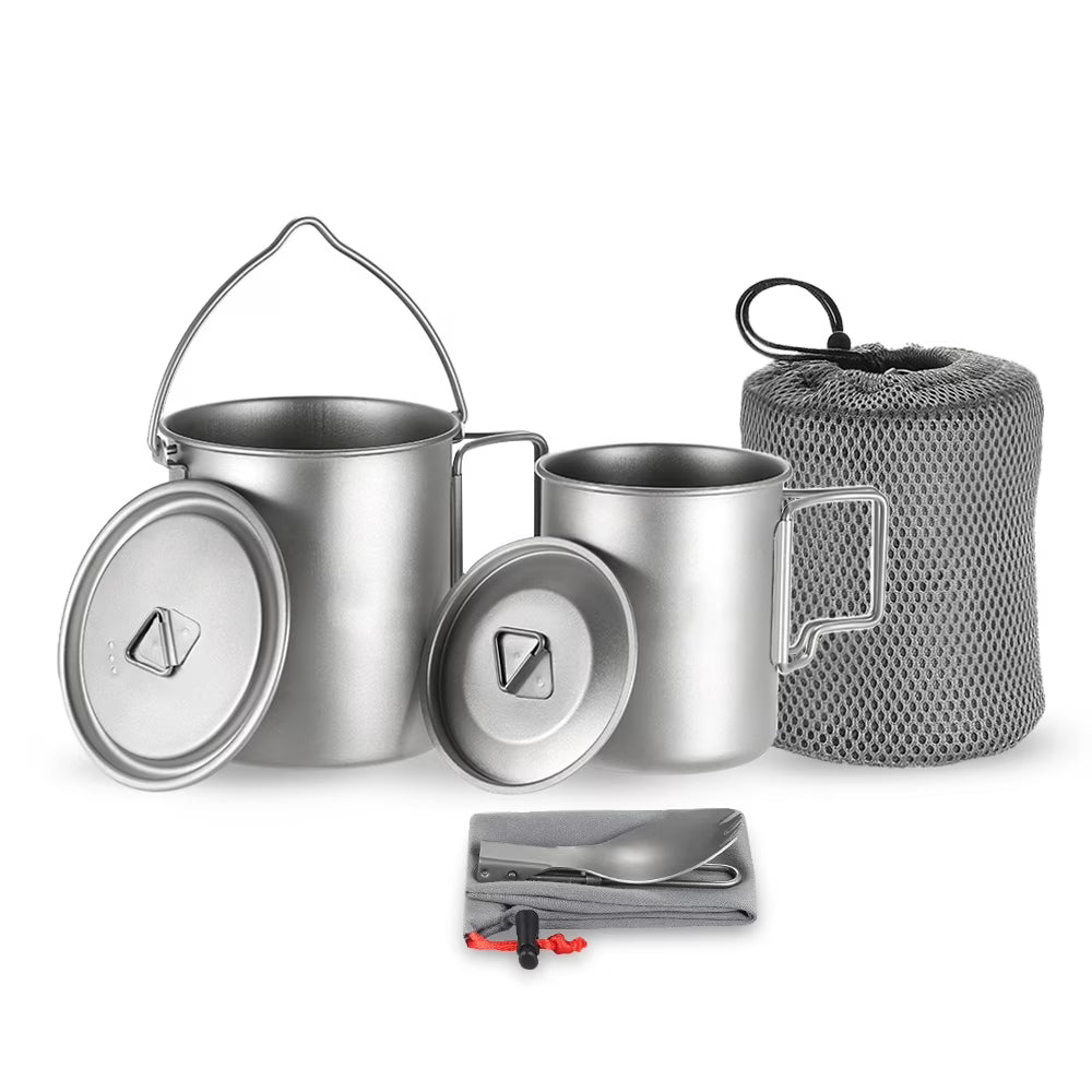 Titanium 3 Pieces Set 750ml Pot 450ml Water Cup Mug with Lid Folding Spork Z728014