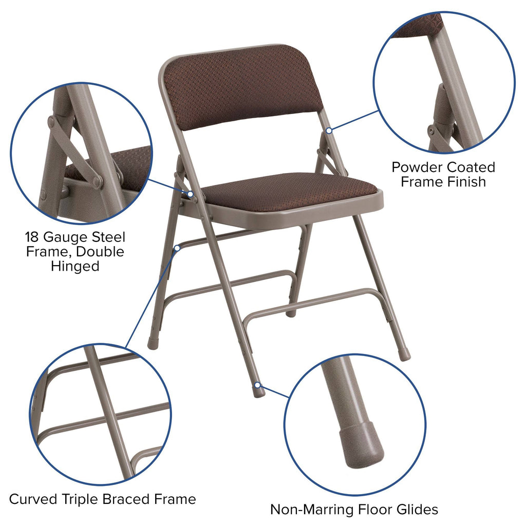Curved Triple Braced Double Hinged Brown Patterned Fabric Metal Folding Chair O171