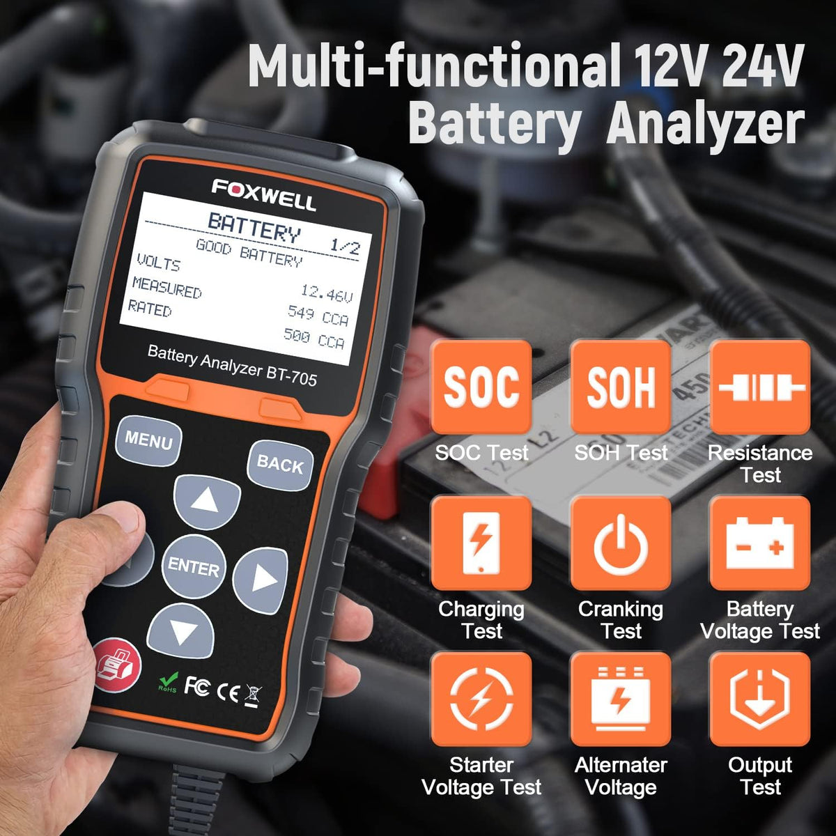 12V 24V Car Battery Tester 100-2000 CCA Diagnostic Tool Q860548