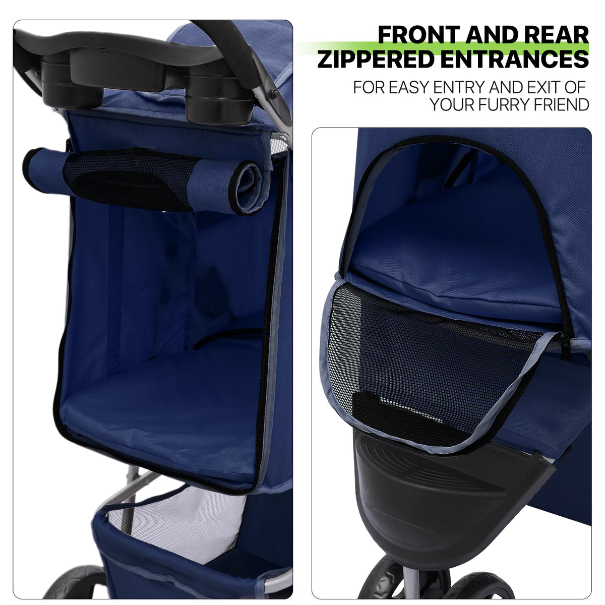 Foldable Pet Stroller with Wheels, Storage Basket and Cup Holder, Navy Blue I927