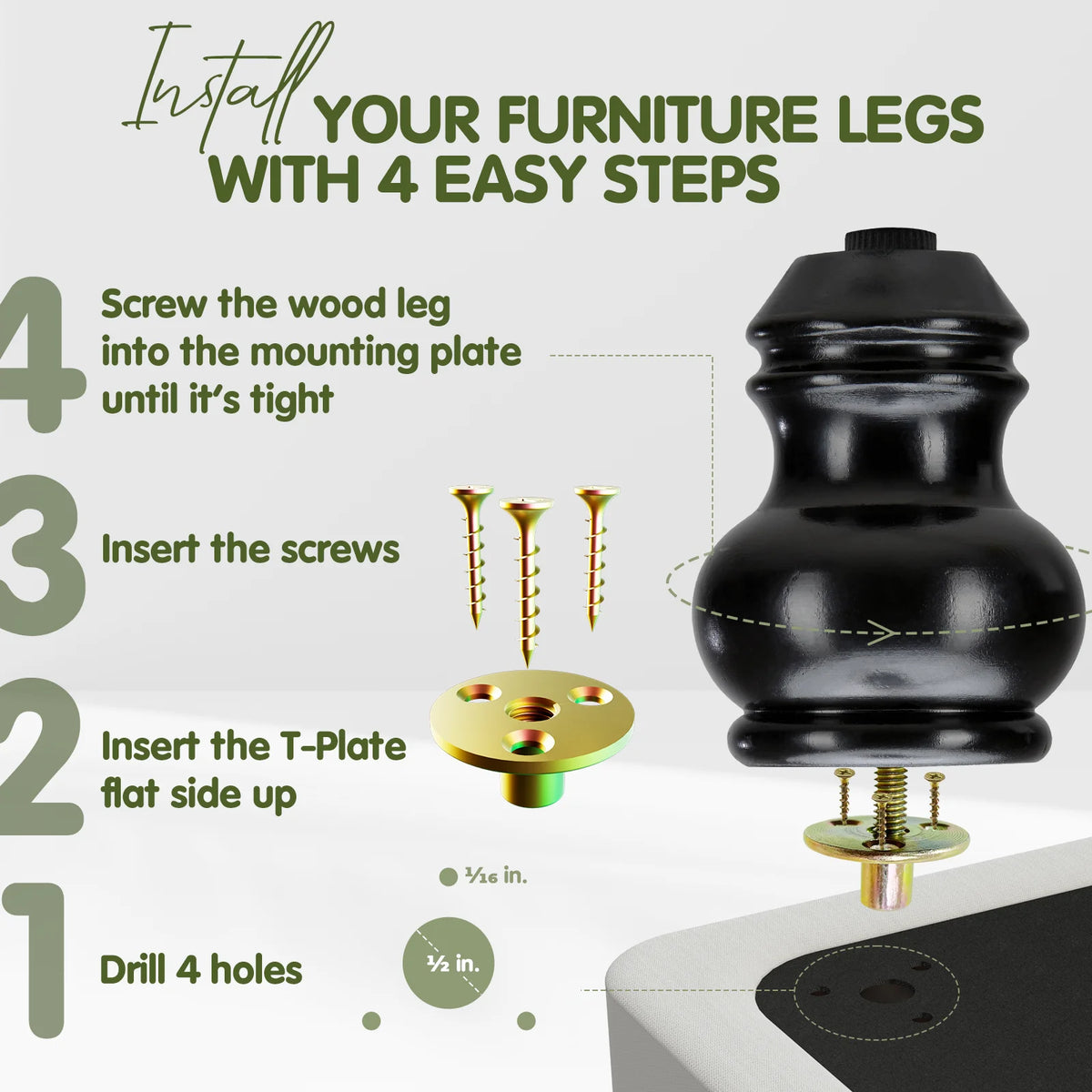 4 Inches Turned Concave Solid Wood Furniture Legs with Adjustable Leveler V5487