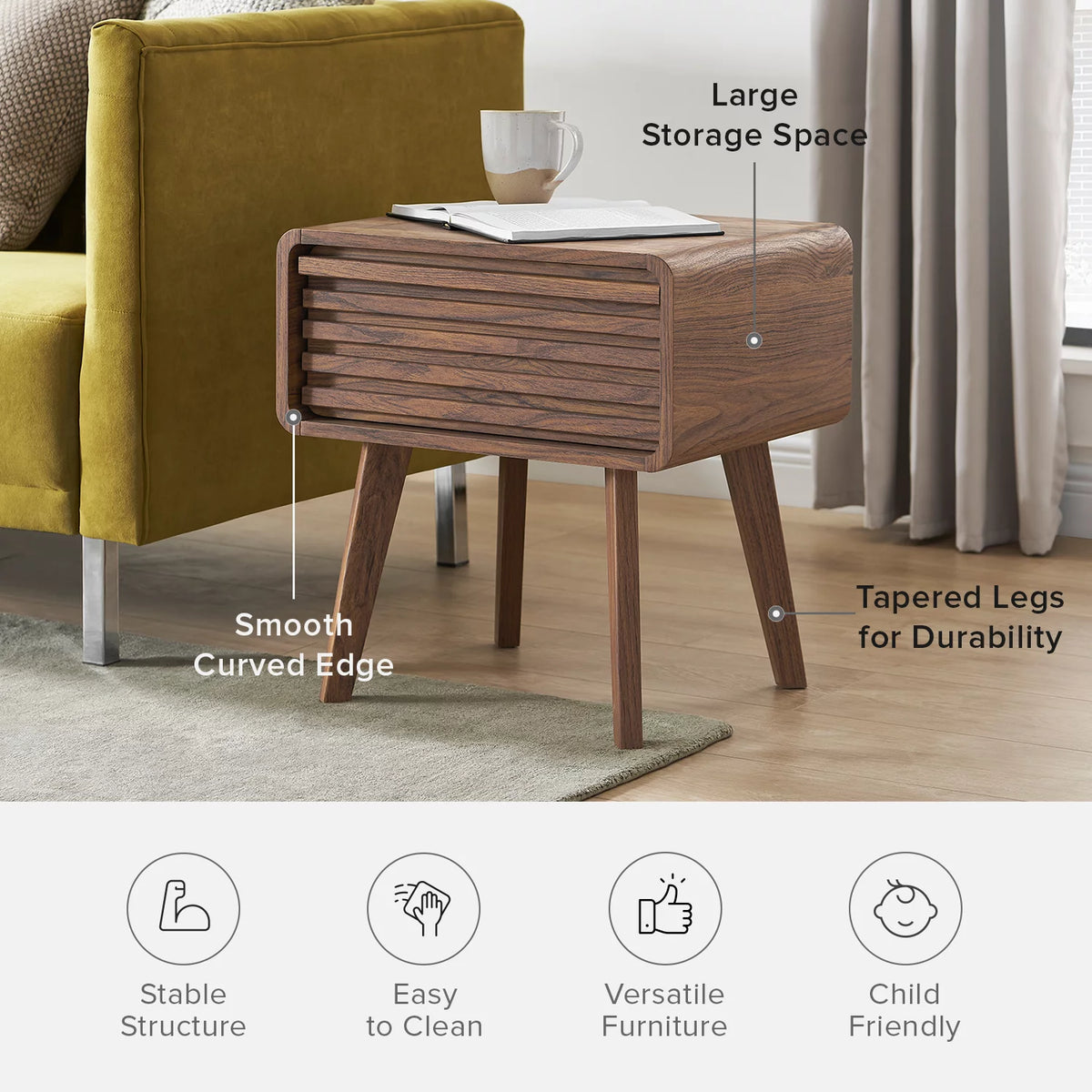 Mid Century Modern Nightstand Side Table with Wood Slat Drawer Storage K99023