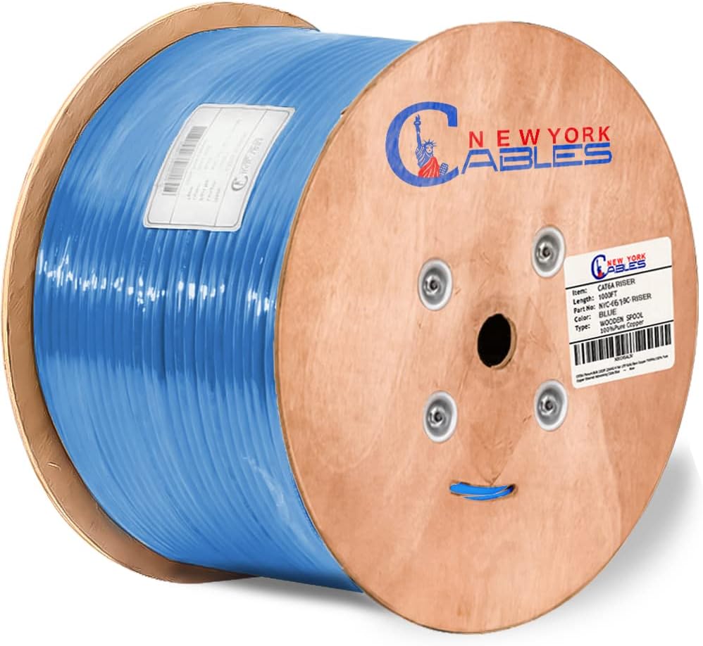 Cat6a Riser Bulk Ethernet Cable 1000ft CMR Rated Spool Solid Bare Copper 23AWG UTP Black O7869