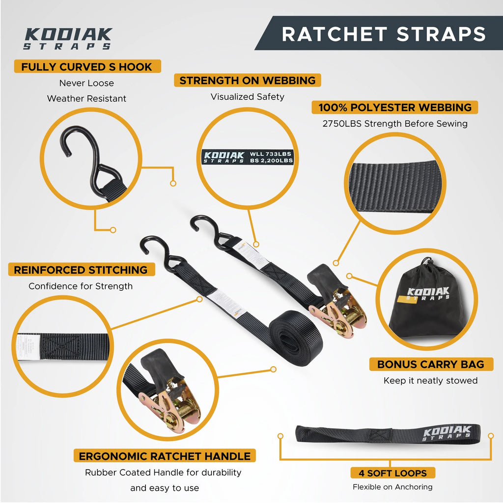 Ratchet Straps Heavy Duty Tie Down Strap Set 2200 Break Strength 1" x 17' 4pk with Soft Loops Coated Deep S-Hook & Carry Bag Black U629
